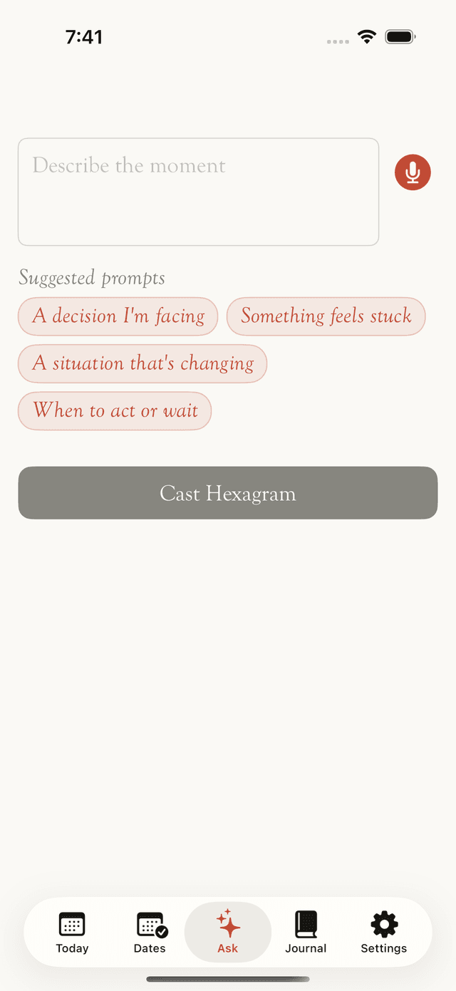 Ask the oracle — describe your moment and cast a hexagram