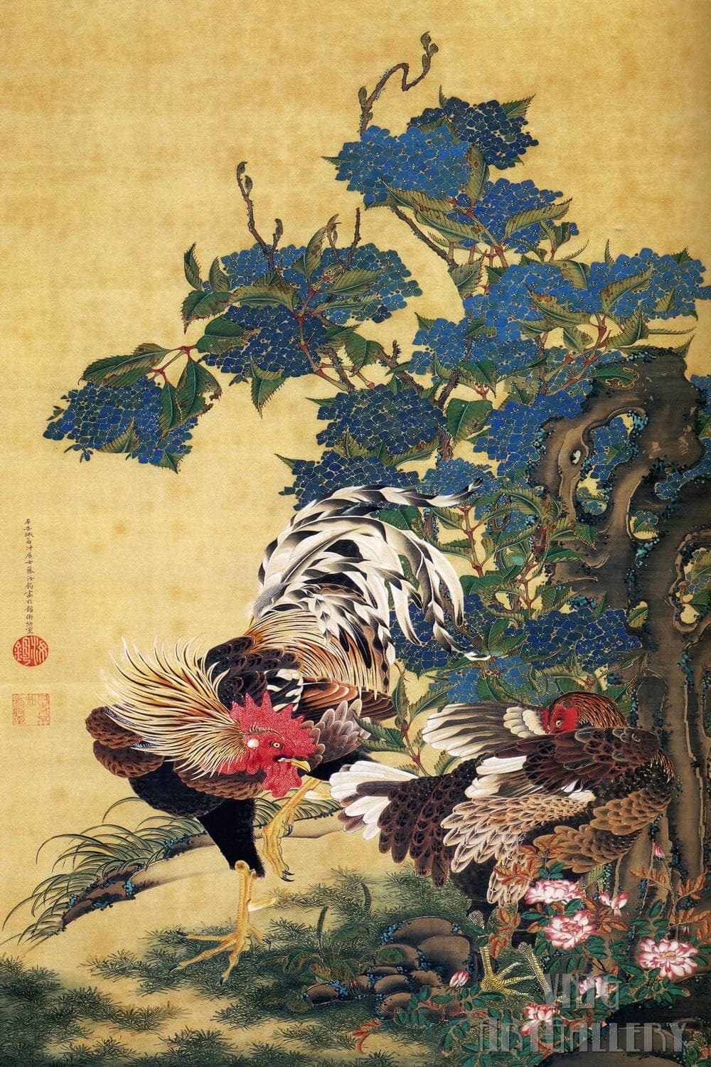 Rooster and Hen with Hydrangeas