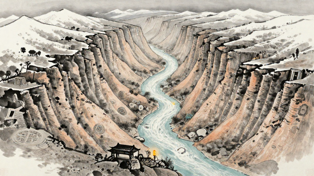 Mountain river flowing through six gorges from snowy peaks to a warm valley, each gorge holding a different era — Chinese ink painting