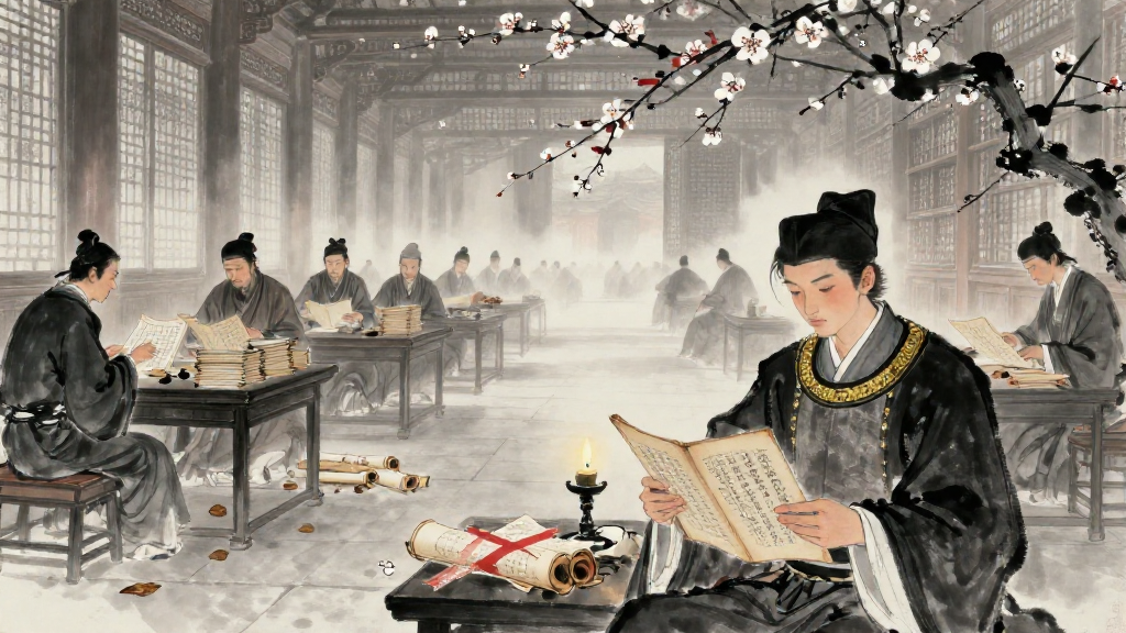 Imperial library hall with scholars comparing almanac manuscripts, plum blossoms scattering outside — Chinese ink painting