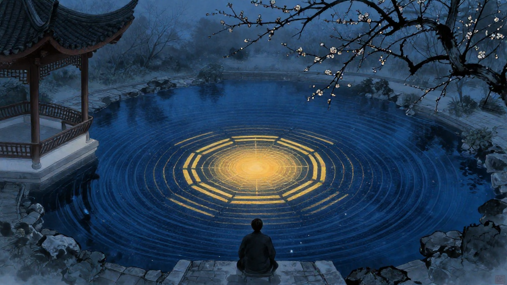 Scholar in a garden pavilion before a vast circular hexagram diagram glowing in gold and indigo — Chinese ink painting