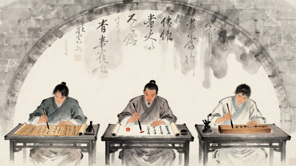 Three scribes at desks beneath a stone archway, each writing the same character in different scripts, with faded calligraphy dissolving into mist above — Chinese ink painting